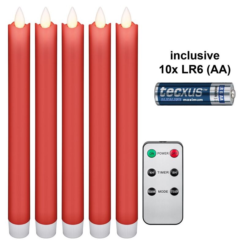 Goobay - Kit de 5 Bougies led en Cire Véritable, rouge, avec Télécommande et 10x aa (LR6), avec fonction de minuterie et mèche pendulaire, fonctionne