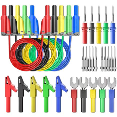 Kit de 5 fils de test en silicone pour fiche banane, 4 mm, entièrement isolé, fiche banane empilable avec pinces crocodile, fourchette de test, broches de sonde arrière pour multimètre