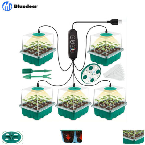 Kit de 5 pièces mini serre pour plantes Lampe de culture LED à spectre complet Dimensions 44,5 x 14 x 14 cm Couvercle transparent et 10 étiquettes