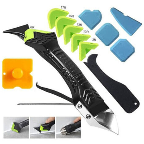 Kit de 5 pièces pour enlever le mastic, comprenant un dissolvant pour mastic silicone, un lisseur de silicone et un grattoir à mastic.
