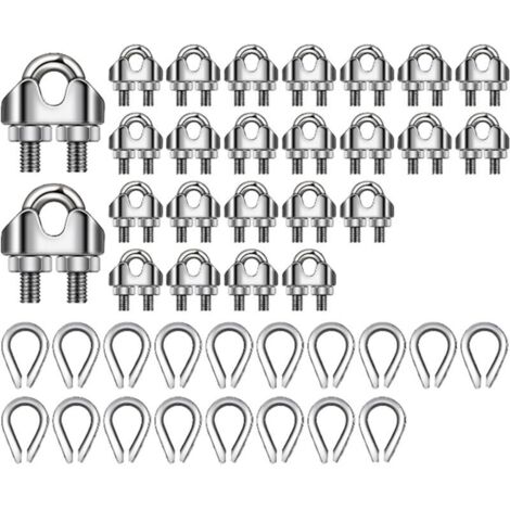 Kit de 50 cables de acero de 3,2 mm (1/8 pulg.), abrazaderas para cables de acero M3 y terminales de acero inoxidable M3 para cables de acero.