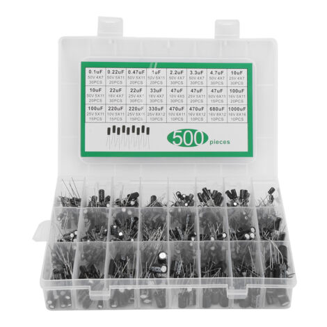 Kit de 500 condensateurs électrolytiques, 24 valeurs assorties de 0.1µF à 1000µF, tensions 10V à 50V