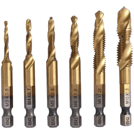 Kit de 6 forets et tarauds métriques en acier rapide revêtus titane robuste - Set M3 M4 M5 M6 M8 M10 pour perçage et taraudage