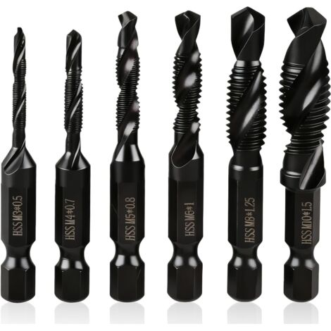 Kit de 6 Forets Taraudeurs, Combinés M3 x 0,5 M4 x 0,7 M5 x 0,8 M6 x 1,0 M8 x 1,25 M10 x 1,5 - kit taraudage avec Revêtement Nitrure de Titane, Tige Hexagonale de 6 mm, pour Perçage et Taraudage Simul