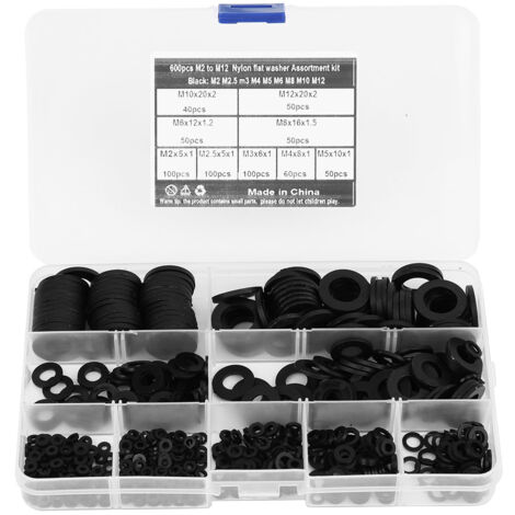 Kit de 600 Rondelles Noires Nylon M2 à M12 - 9 Tailles pour Bricolage et Réparation