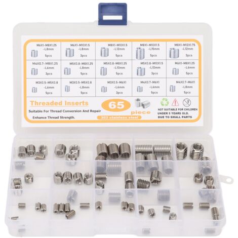 Kit de 65 inserts filetés en acier inoxydable, manchons et écrous de réduction pour réparations filetées durables.
