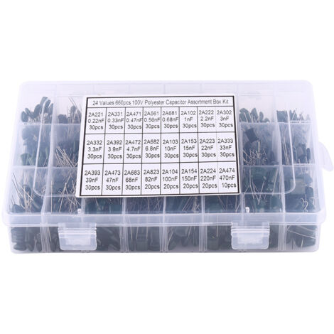 Kit de 660 Condensateurs Polyester 24 Valeurs, 100V - Gamme 0.22nF à 470nF - Pour Électronique et Réparation