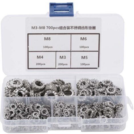 Kit de 700 rondelles crantées extérieures en acier inoxydable 304, tailles M3 à M8