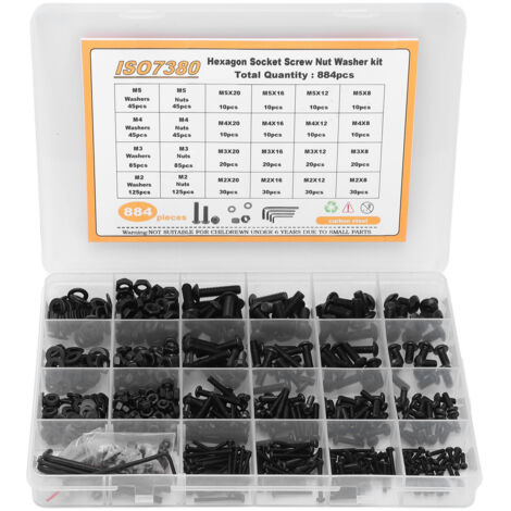 Kit de 884 pièces vis à tête hexagonale creuse acier carbone, écrous, rondelles et clé à douille assortis