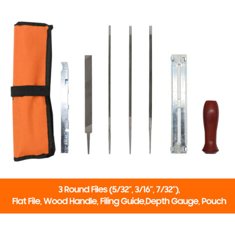Kit de afilado de cadena para motosierra de 8 piezas, herramienta manual para afilar cadenas de motosierras eléctricas. Incluye: limas redondas de 5/32", 3/16" y 7/32", lima plana, mango de madera, gu