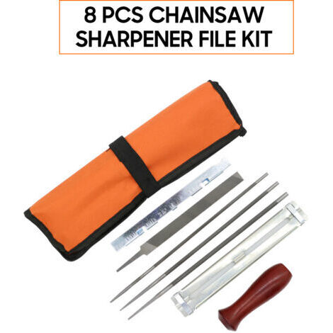 Kit de afilado de motosierras de 8 piezas, herramienta manual para afilar motosierras eléctricas que incluye limas redondas de 5/32", 3/16" y 7/32" con mango plano de madera.