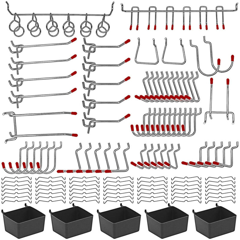Kit de almacenamiento de 114 piezas para panel perforado de metal con ganchos, cerraduras y sistemas para colgar.
