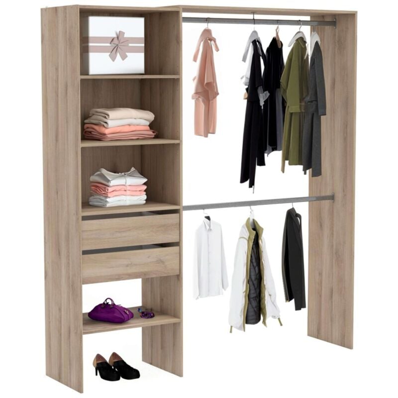

Kit de Armario 2 Barras colgadoras Columna con 4 estantes y 2 cajones habitacion Dormitorio vestidor 205x185x44 cm