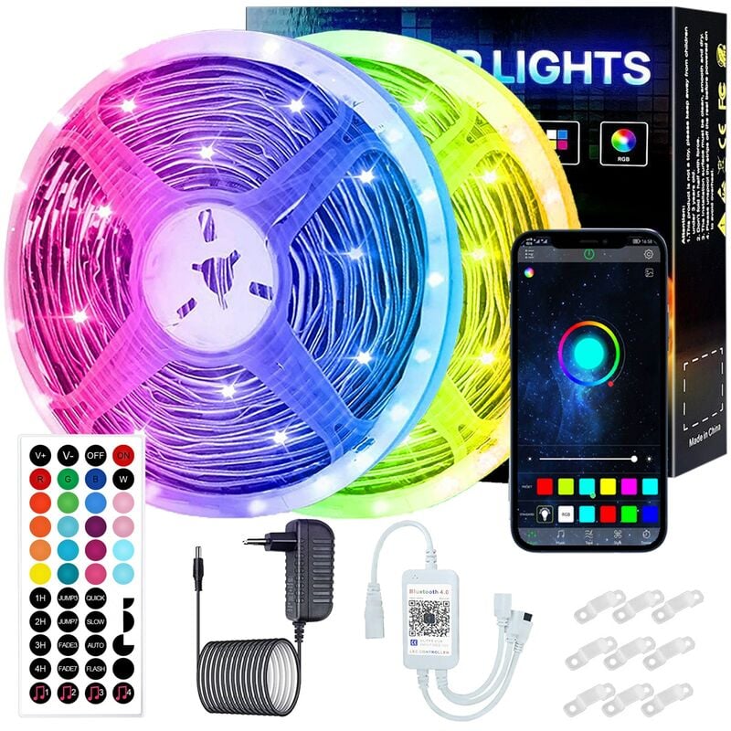Jusch - Kit de bande led rvb, 20 mètres, contrôle de l'application Bluetooth, avec 44 touches, smd 5050, 12V, multicolore