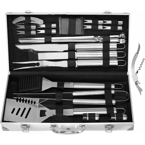 Kit de barbecue portable 26 pièces, kit d'ustensiles de barbecue en acier inoxydable, accessoire de barbecue pour le jardin, l'extérieur, la randonnée et les grillades de voyage