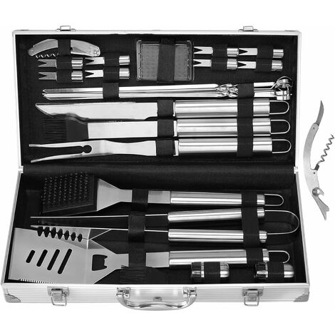 Kit de barbecue portable 26 pièces, kit d'ustensiles de barbecue en acier inoxydable, accessoire de barbecue pour le jardin, l'extérieur, la randonnée et les grillades de voyage