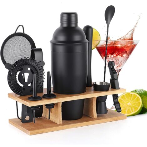 Kit de barman de 11 piezas: coctelera-machacador para cócteles de 750 ml, accesorios de barra, coctelera Boston con elegante soporte de bambú, kit de coctelera para mezclar bebidas, kit de martini per