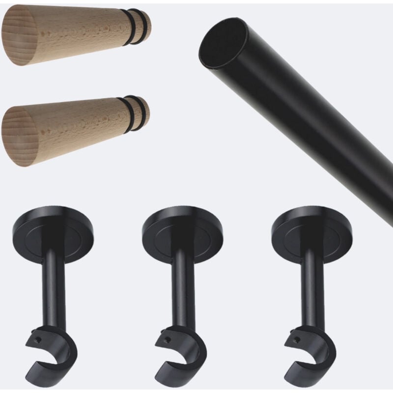 Kit de barre à rideaux 2m50 20mm - Mur - Noir Mat Cône Bois Boulet