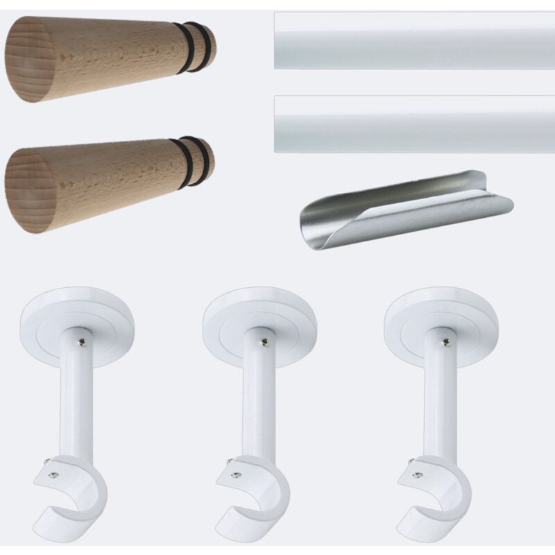 Kit de barre à rideaux 3m00 20mm - Mur - Blanc Cône Bois Boulet