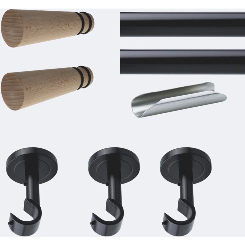 Kit de barre à rideaux 3m00 20mm - Plafond - Noir Mat Cône Bois Boulet