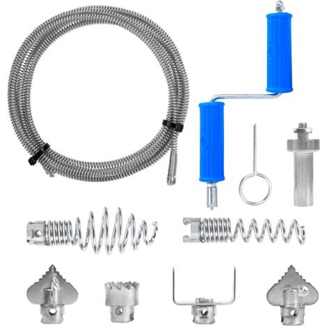 Kit de barrena para desatascar desagües, 5 m de longitud, 12 mm de diámetro con 6 cabezales industriales, adaptador manual y eléctrico para limpieza de desagües y tuberías de alta resistencia.