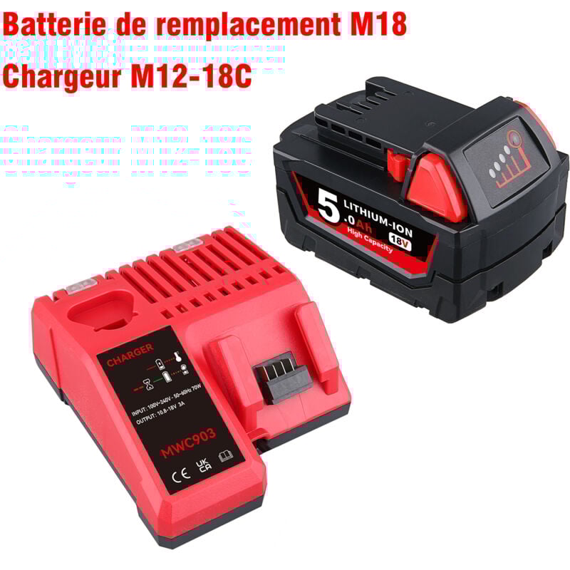 Pdstation - Kit de batterie et chargeur 18 v 5,0 Ah de remplacement pour batterie lithium-ion Milwaukee M-18 compatible avec les outils électriques