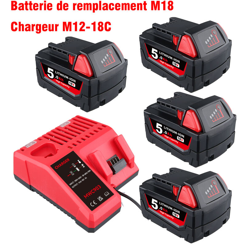 Pdstation - Kit de batterie et chargeur 4 × 18 v 5,0 Ah de remplacement pour batterie Milwaukee M-18 Lithium-ion compatible avec les outils