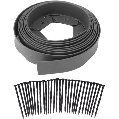 Kit de bordure de paysage, bordure de pelouse comprenant 30 pointes, bordure de jardin en PE pour l'aménagement paysager des jardins de fleurs, pelouse gris 5cm x 5cm x 5m