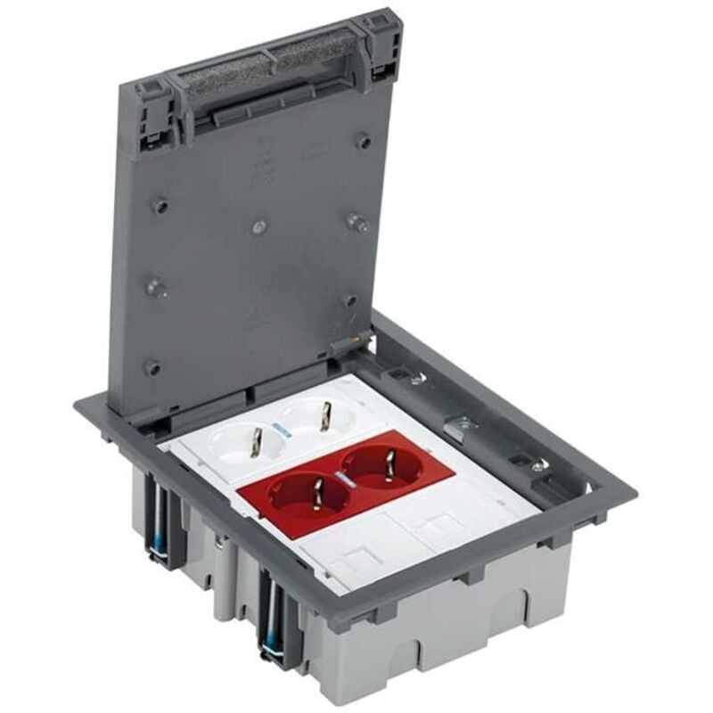 Kit boîtier de sol onduleur Simon 500 punta 3 modules avec 1 prise schuko double borne coupe rapide avec led, 1 prise schuko dou