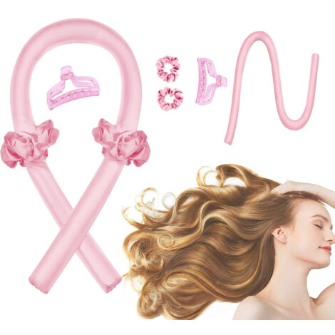 Kit de boucles sans chaleur rose avec bande, 2 élastiques et 1 pince pour coiffure sans abîmer cheveux