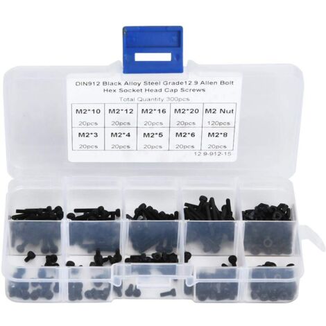 Kit de boulons et d'écrous M2, 300 pièces en acier allié M2 x 3/4/5/6/8/10/12/16/20mm Kit de vis et d'écrous hexagonaux avec boîte de rangement,A