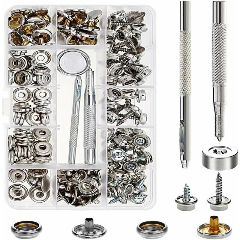 Kit de Bouton Pression Métal avec Rivets et Outils de Fixation Bouton Pression Cuir Bouton de Pression Reparation et Remplacement pour Bâche Cuir
