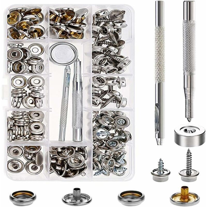 Kit de Bouton Pression Métal avec Rivets et Outils de Fixation Bouton Pression Cuir Bouton de Pression Reparation et Remplacement pour Bâche Cuir