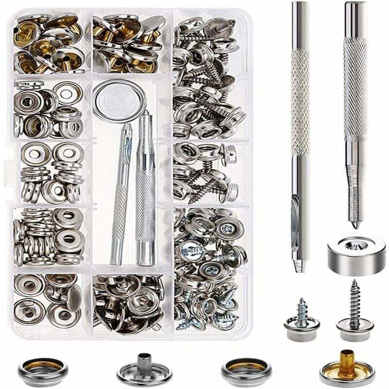 Aiperq - Kit de Bouton Pression Métal avec Rivets et Outils de Fixation Bouton Pression Cuir Bouton de Pression Reparation et Remplacement pour Bâche