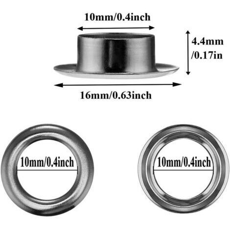 Kit de boutons à œillets, 100 jeux de boutons à œillets de 10 mm, kit de réparation de bâches, comprend un ensemble d'outils pour boutons à œillets en 3 pièces, convient à la fabrication de bâches, ti