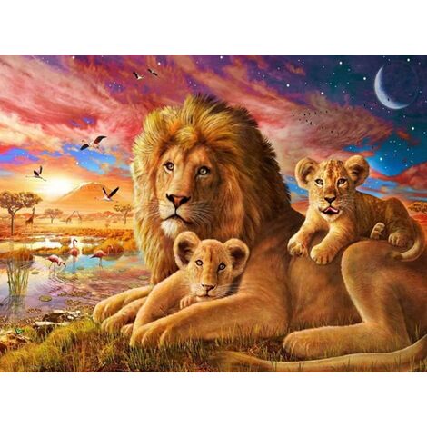 Kit de broderie diamant 5D DIY- M&egrave,re de lion et enfants - peinture par num&eacute,ros adultes - Broderie diamant painting au point de croix - Pour d&eacute,coration murale de la maison - 40 x 3