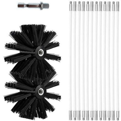 Kit de Brosse Nettoyage de Cheminée, Ensemble de Brosse de Cheminée Ø100mm pour 12 Tiges Flexibles de 410 mm et 2 Têtes de Brosse
