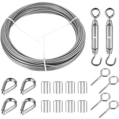 Kit de Cable Acier 2mm x 15m, Câble en Acier Inoxydable, Fil pour Tableau Câble Métallique avec Tendeur de Fil à Tendeur, pour Suspension de Lumière Tableaux Clôture de Jardin
