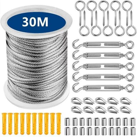 Kit de Cable Acier Jardin,304 Corde En Acier Inoxydable à Suspendre Kit, Pour Corde De Tente, Corde à Linge, Lustre D'extérieur, Jardin, Terrasse Exterieur-30m/98.4ft 56Vingt