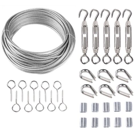 Kit de câble en acier - Fil de jardin - Rouleau de clôture en fil métallique - Câble en acier inoxydable de 15 m - Câble en acier avec crochets à œil - Boulons à œil, vis de tension