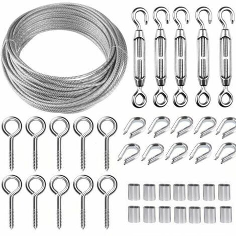 Kit de câble en acier inoxydable de 50 m/2 mm avec tendeur de câble robuste M5, kit de câble pour clôture, kit de garde-corps en câble, tendeurs de câble pour jardin