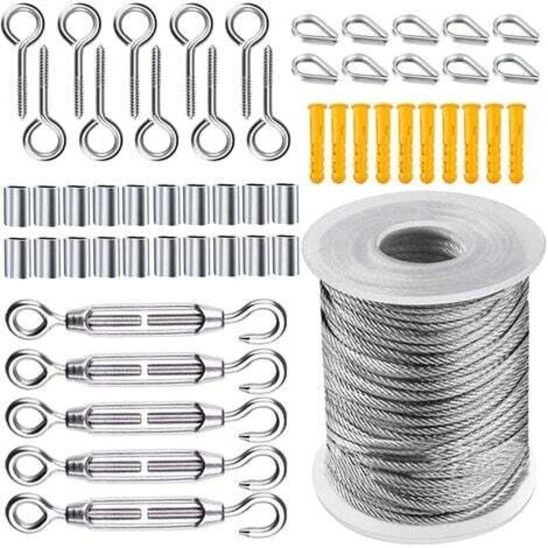 Kit de Câble Métallique, Cable Acier Jardin Tendeur, Corde en Acier Inoxydable à Suspendre Kit, 50m Câble en acier inoxydable revêtu de Nylon pour