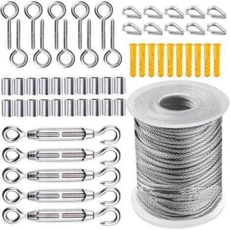Kit de Câble Métallique, Cable Acier Jardin Tendeur, Corde en Acier Inoxydable à Suspendre Kit, 50m Câble en acier inoxydable revêtu de Nylon pour Corde à Linge Corde de Tente, 56 Pièces