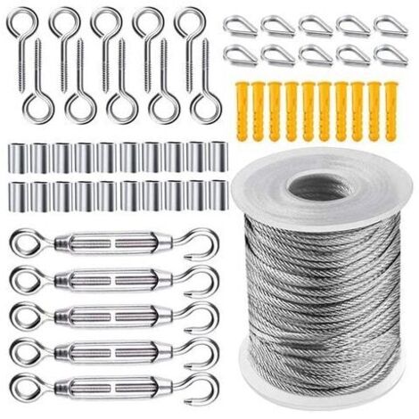 Kit de Câble Métallique, Cable Acier Jardin Tendeur, Corde en Acier Inoxydable à Suspendre Kit, 50m Câble en acier inoxydable revêtu de Nylon pour Corde à Linge Corde de Tente, 56 Pièces - RWEtendoir