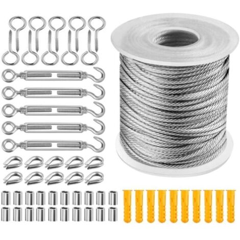 Kit de câbles en acier inoxydable 50 m, câble de 2 mm, treillis en acier gainé PVC, câble en acier avec œillets, tendeur de câble M5, tendeur en acier inoxydable pour étendoir à linge.