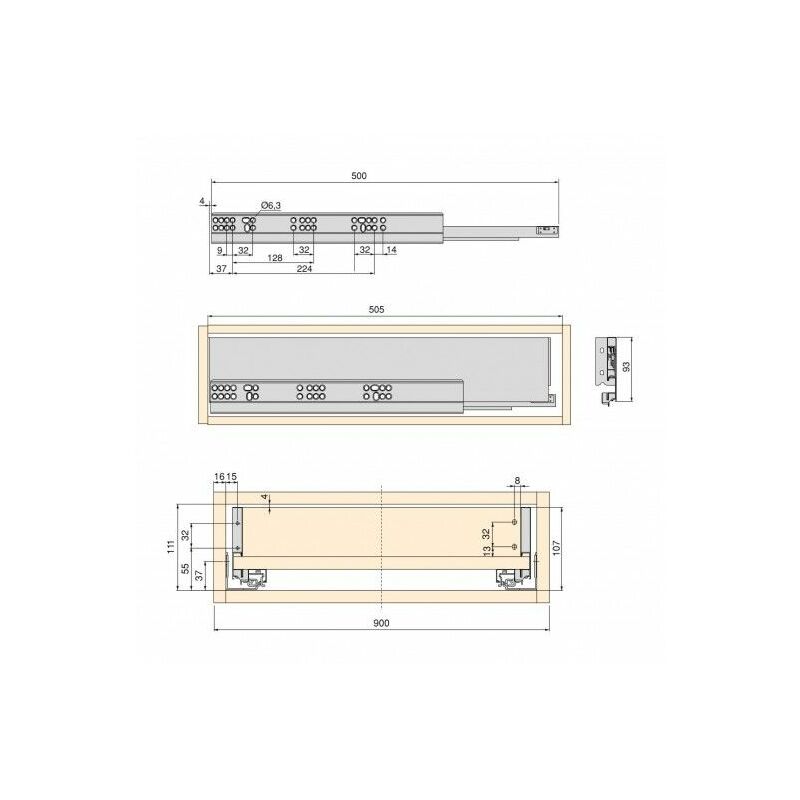 

kit de cajón para cocina o baño vertex de altura 93 mm con tableros incluidos., 900, pintado blanco, varios - Emuca