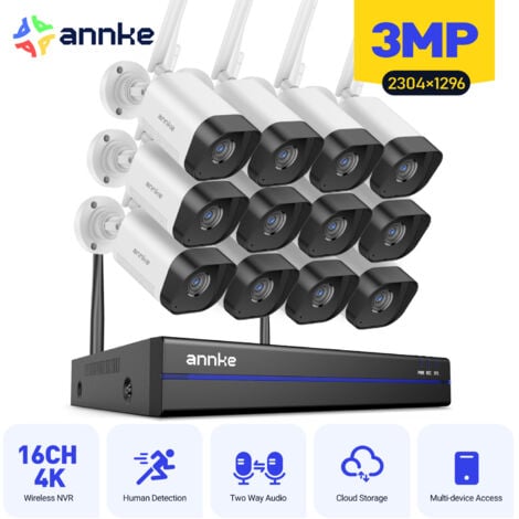 Kit de cámara de seguridad WiFi para exteriores ANNKE 3MP, 16 canales, NVR de 8MP, cámara IP con zoom de 12x con detección de movimiento y visión nocturna por infrarrojos.