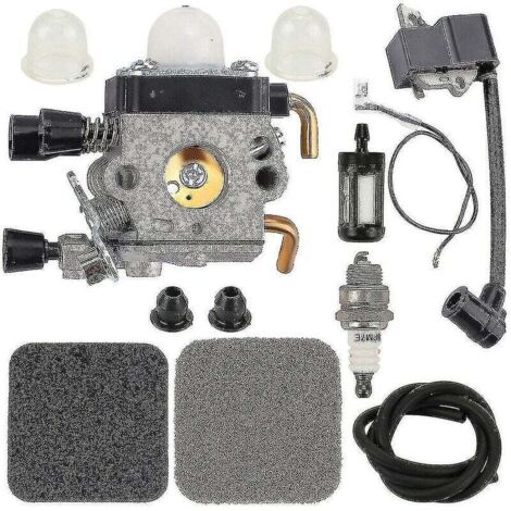Kit de carburateur et bobine d'allumage pour Stihl FS75 FS80 FS80R FS85 – Inclus 1 carburateur, 2 filtres à air, 1 bobine – Métal