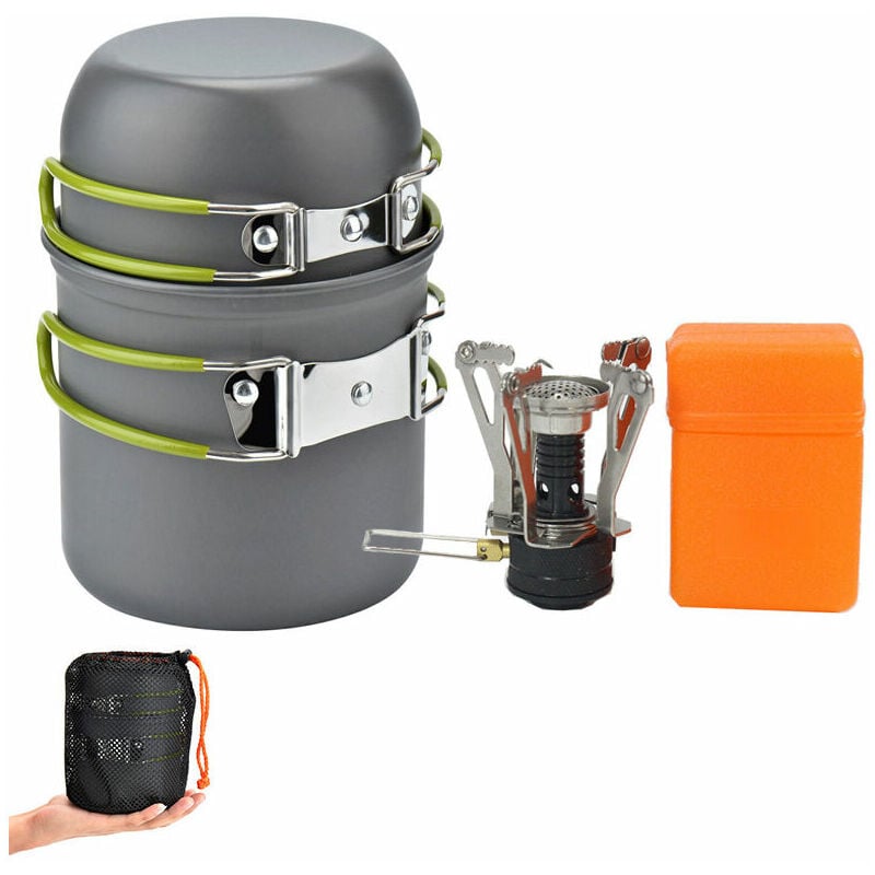 Kit de Casserole Camping, Batterie Cuisine Camping avec Mini Réchaud Gaz Ultraléger Aluminium Camping Poêlé pour 1-2 Personne