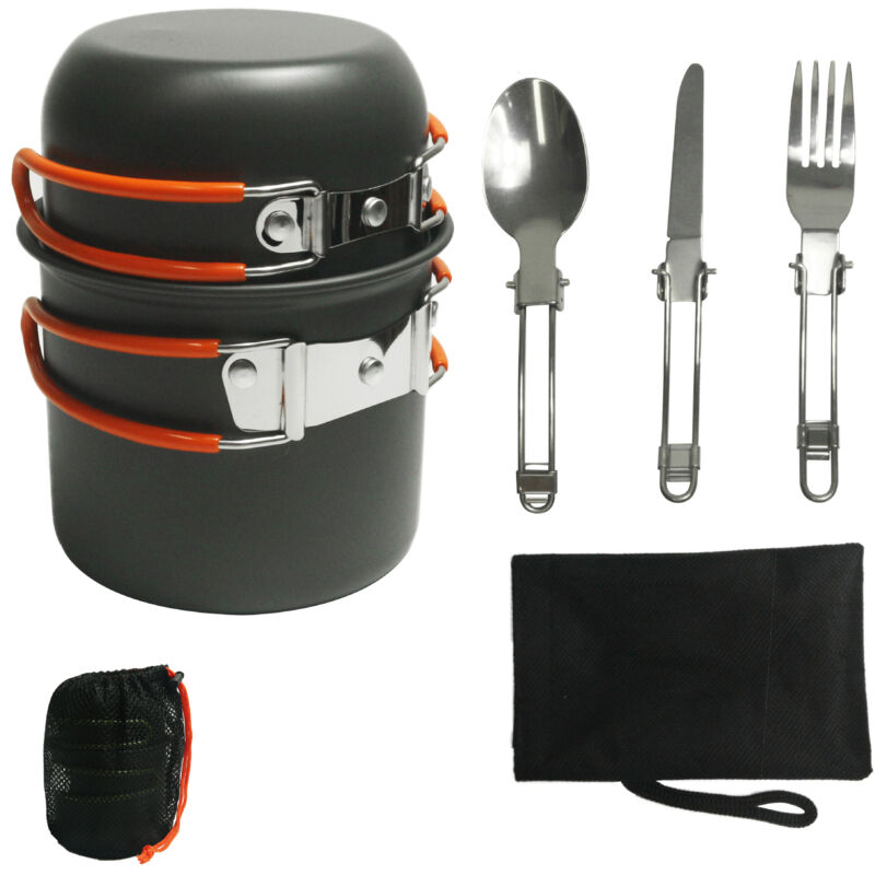 Kit de Casserole Camping, Compact Kit de Cuisine Camping avec Mini Rechaud, Kit de Popote Poêlé Gamelle Vaisselle Set de Camping Accessoires pour